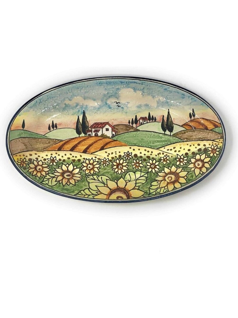 Hand-Painted Italian Ceramic Tray Plate - Sunflower Landscape Decor, Tuscany Art